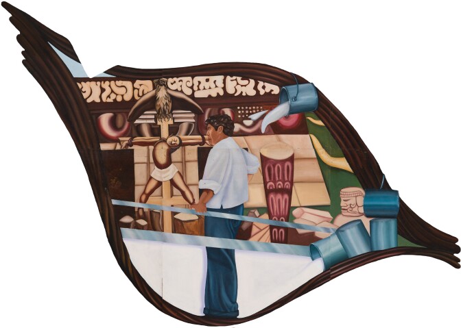 A section of the mural depicting a Mexican-American man standing in front of David Alfaro Siqueiros' "America Tropical," illustrating the crucification of an indigenous person.