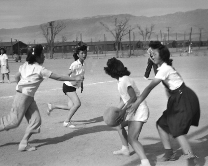 Japanese American women playing volleyball at Manzanar
