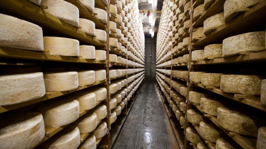 Many rows of cheese wheels line an aisle.