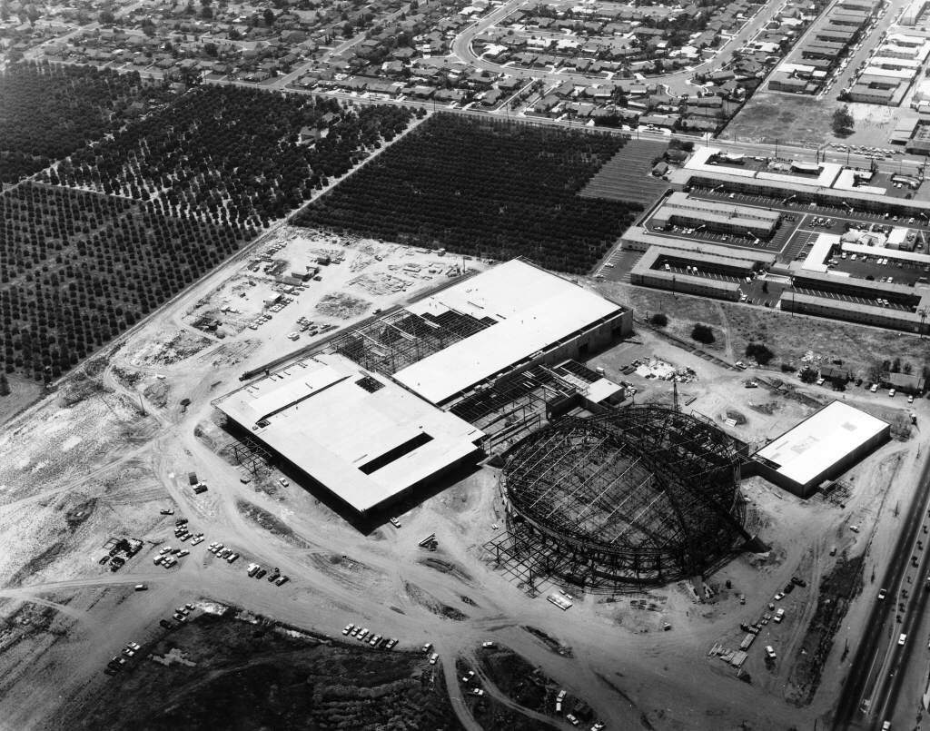 An aerial view of the Anaheim Convention Center under construction in 1966. $1.3 million worth of Bethlehem Steel went into the complex. Courtesy of the Anaheim Public Library's Anaheim History Room.