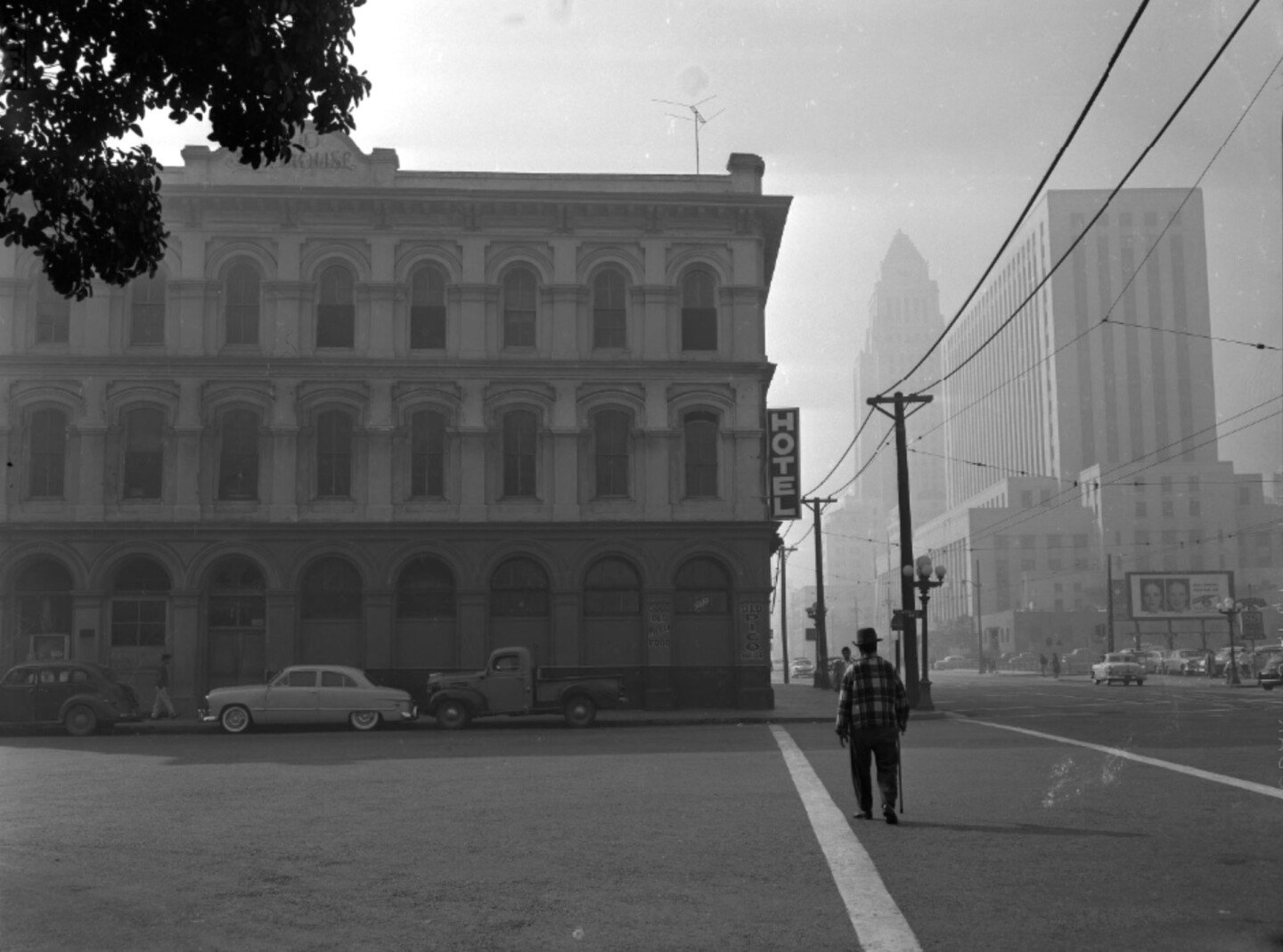 Exterior view of the Pico House and surrounding buildings, Los Angeles, Calif., 1956