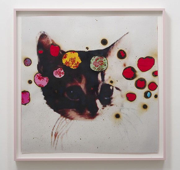 I ♥ Kitties, 2014, hand-embellished digital pigment print with fabric collage, 48.25 x 48.25 inches framed | Courtesy Luis De Jesus Los Angeles