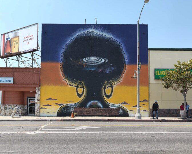 Ken Gonzales-Day, “The Elixir,” mural by Patrick Henry Johnson, Crenshaw Blvd at Stocker St, Leimert Park, 2011. © 2017 Ken Gonzales-Day. Ken Gonzales-Day, “La Casa Azul,” mural by MUTE, Van Nuys Blvd. at Ralston Ave., Pacoima, 2016. | © 2017 Ken Gonzales