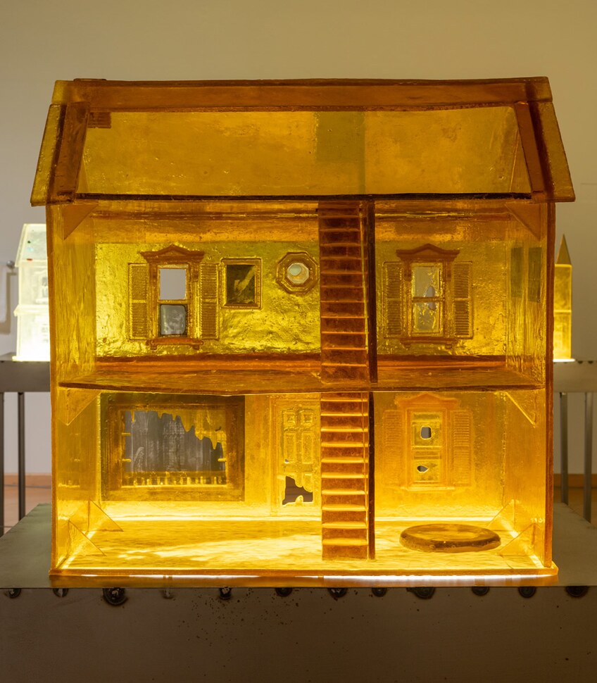 Installation view of "Sula Bermúdez-Silverman: Neither Fish, Flesh, nor Fowl" at CAAM featuring a yellow dollhouse made of sugar. | Elon Schoenholz