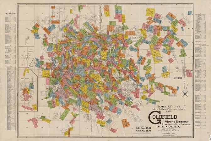 Elmer J. Chutes’ 1907 historic illustrated map of Goldfield Mining District land patents and location surveys. | Courtesy of University of Las Vegas, Libraries.