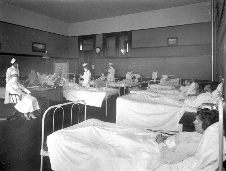 Pasadena, approximately 1919: Patients rest in hospital beds while nurses wearing breathing masks tend to them. | Harold A. Parker/Huntington Digital Library
