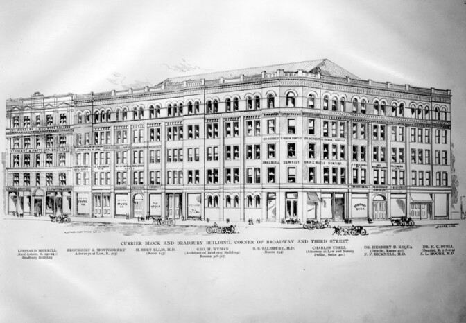 Drawing of the Bradbury Building, circa 1893, showing prospective tenants