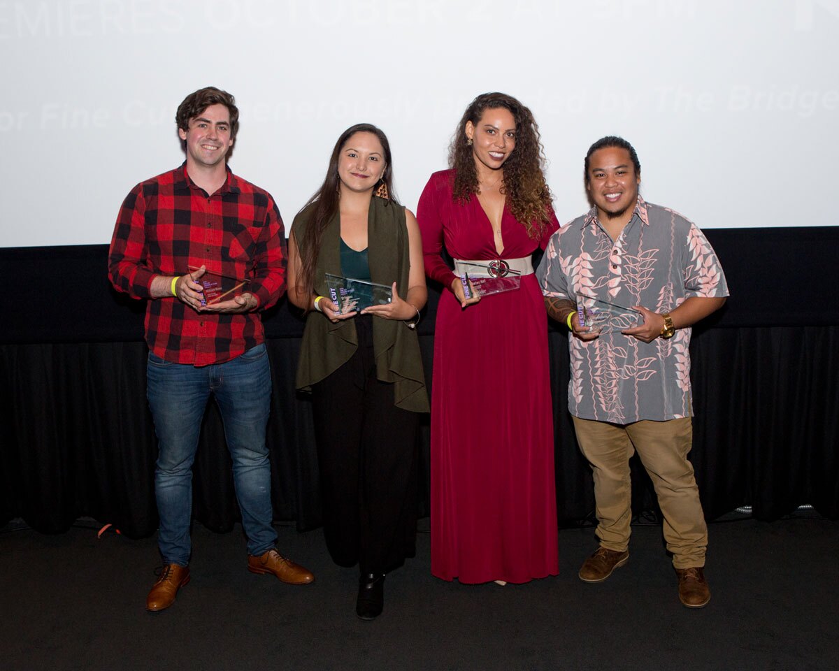 L-R UCLA student William Rowe, Chapman University’s Erin Lau, University of Southern California (USC) film school student Kelley Kali and USC’s Shaun Dikilato accept their finalist awards at KCET’s FINE CUT Festival of Films at the Landmark Theatre.