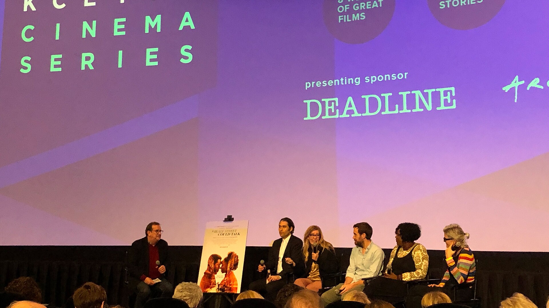 Cinema Series host Pete Hammond, Producers Jeremy Kleiner and Dede Gardner, Editors Nat Sanders and Joi Mcmillan and Costume Designer Caroline Eselin-Schaefer participate in a Q&A after a screener of "If Bleaker Street Could Talk"
