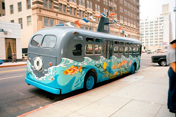 Street Fleet bus on display in downtown Los Angeles, 1974