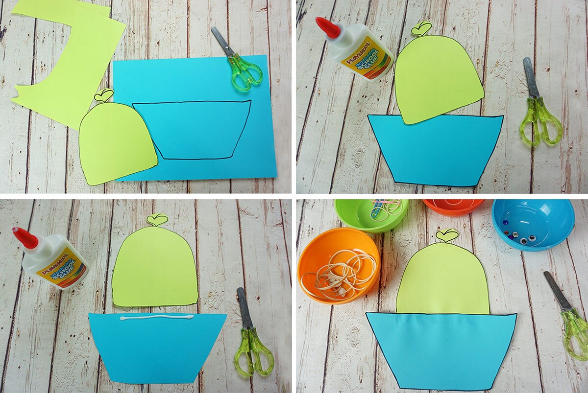 Composite of 4 images explaining the process of cutting out a cupcake's top and bottom shapes and pasting them together