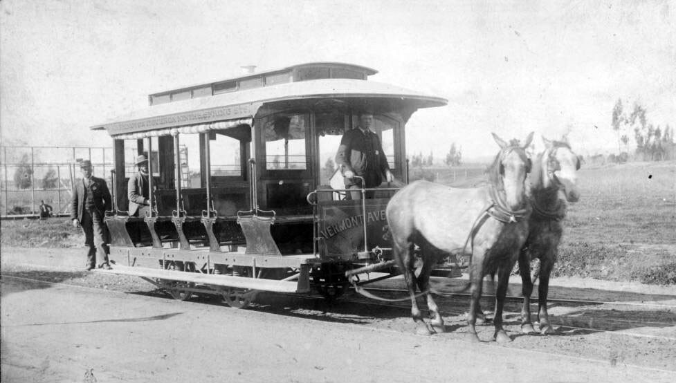 Before and Andrew Halladie's cable-car technology and later electric motors replaced them, horses powered Los Angeles' earliest public transit vehicles. Courtesy of the USC Libraries - California Historical Society Collection.