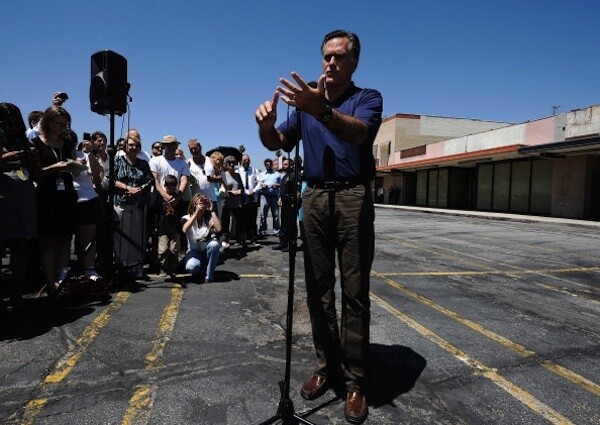Republican presidential candidate Mitt Romney speaks during a July 2011 campaign stop at the Valley Plaza shopping center Los Angeles.| Photo by Kevork Djansezian/Getty Images