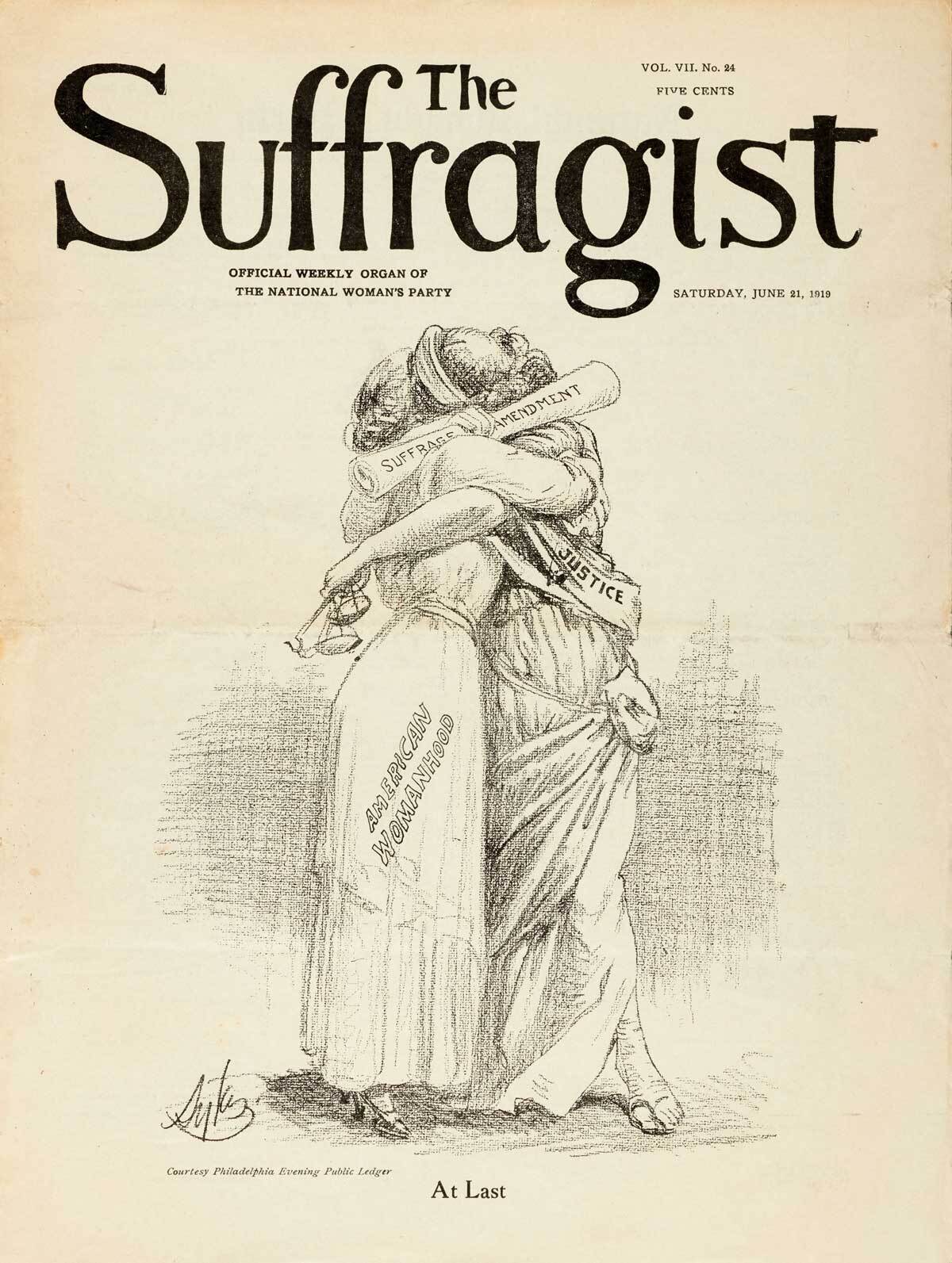 “At Last” illustration from The Suffragist dated June 21, 1919 published by the National Woman’s Party, Washington, D.C. | The Huntington Library, Art Museum, and Botanical Gardens
