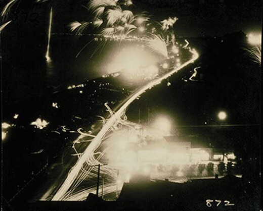 Fireworks along the Santa Monica coast, 1950s. Courtesy of the Carolyn Bartlett Farnham Collection, Santa Monica Public Library Image Archives