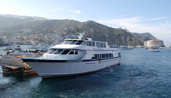 A Catalina Express boat docked at Avalon Harbor on Catalina Island