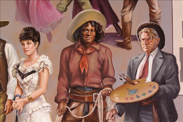 A painting of Black cowboy Nat Love stands at the center of a close-up of the "Spirits of the West" mural. Love is wearing a wide-brimmed cowboy hat and a red button-up shirt. A read handkerchief is tied around his neck and he's wearing a fun bolster around his waist. Wrapped around one hand is a lasso.