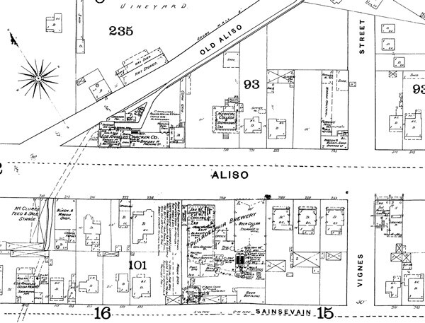 Detail of a map from the 1888 Sanborn Fire Insurance Atlas, showing the Philadelphia Brewery where El Aliso stood. Courtesy of the Map Collection, Los Angeles Public Library.