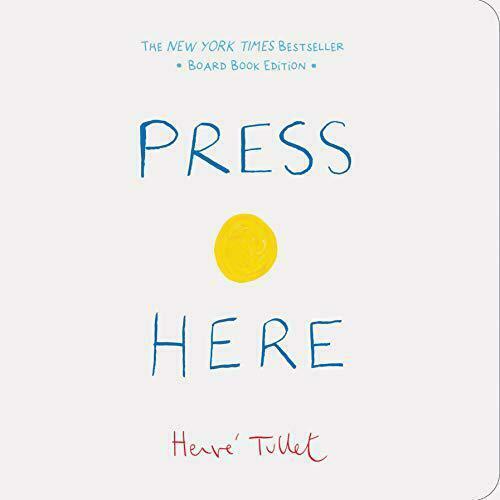 Book cover of “Press Here” by Hervé Tullet featuring the title in blue and a yellow dot over a white background.