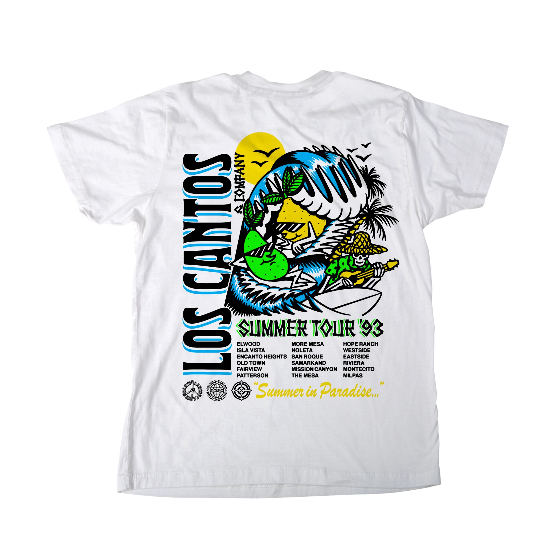 A white t-shirt is laid flat. On it is a design of a big wave curling over a green pickle sitting on a surfboard. Next to it is a skeleton on a surfboard, playing a ukulele while wearing a beach shirt and a straw hat. To the left, the word, "Los Cantos" is written vertically. Below the wave design reads, "Summer Tour '93, Summer in Paradise."