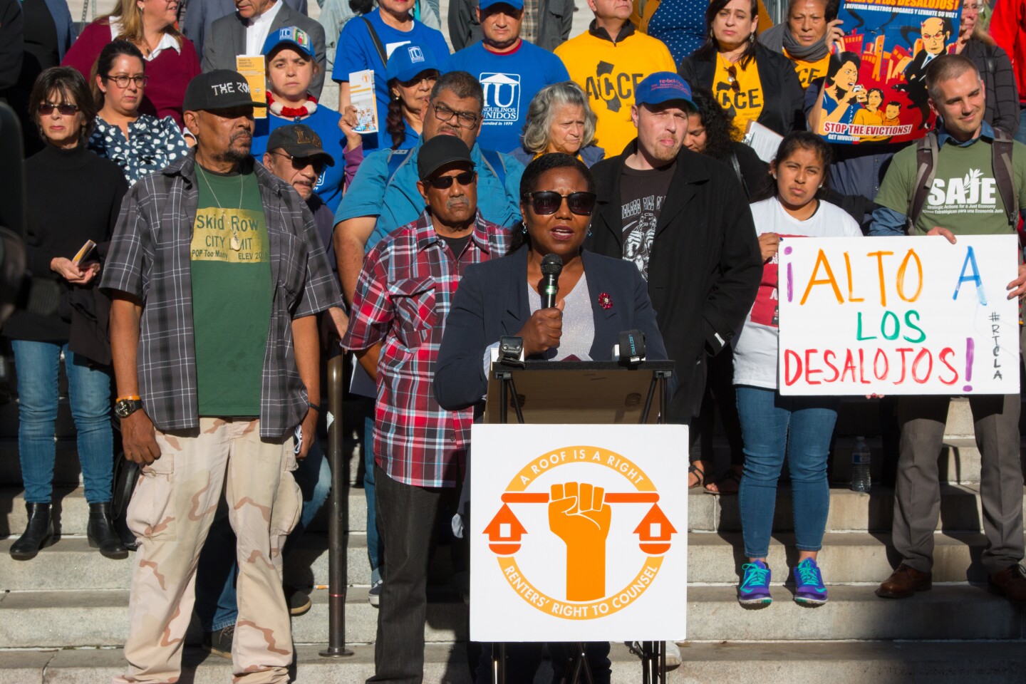 Members of the LA Renters' Right to Counsel Coalition gather for a rally.