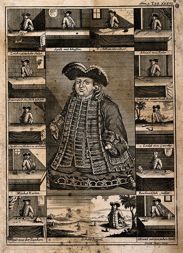 Matthias Buchinger, a phocomelic, with thirteen scenes representing his performances. | Wellcome Images