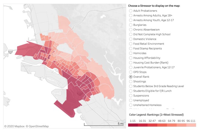 City of Oakland Community Stressor Index Graph as of June 23rd, 2020 illustrates the impacted communities below the 580 Interstate freeway that divides the affluent from socioeconomic neighborhoods. | City of Oakland