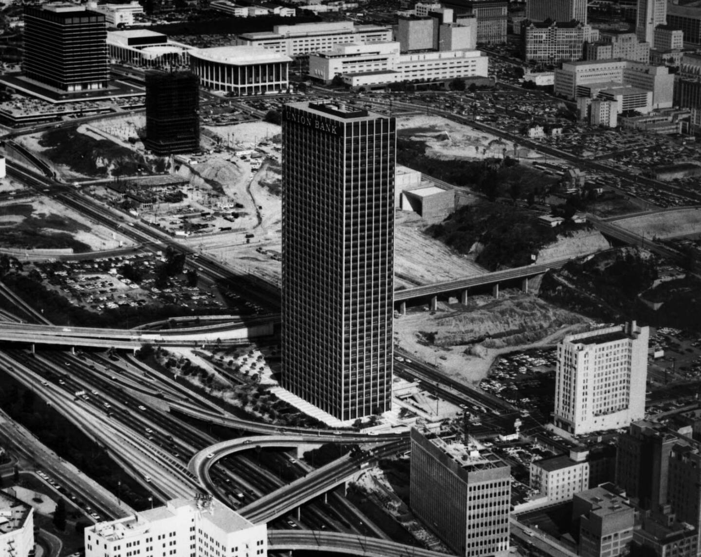 Aerial view of the Union Bank Square building in 1968