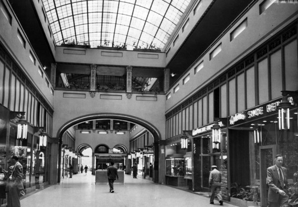 1953 interior view of the arcade, whose glass skylight was inspired by London's Burlington Arcade. Courtesy of the Herald-Examiner Collection - Los Angeles Public Library.