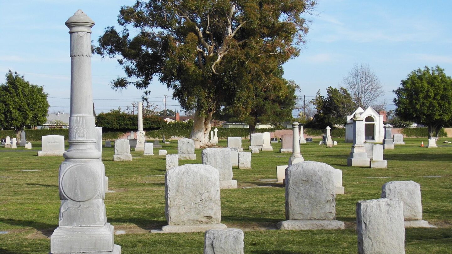 A line of tombstones from the Anaheim Cemetery.