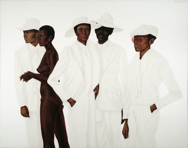 A nude Black woman stands among of group of people dressed in white in the painting "What's Goin' On" by Barkley L. Hendricks.