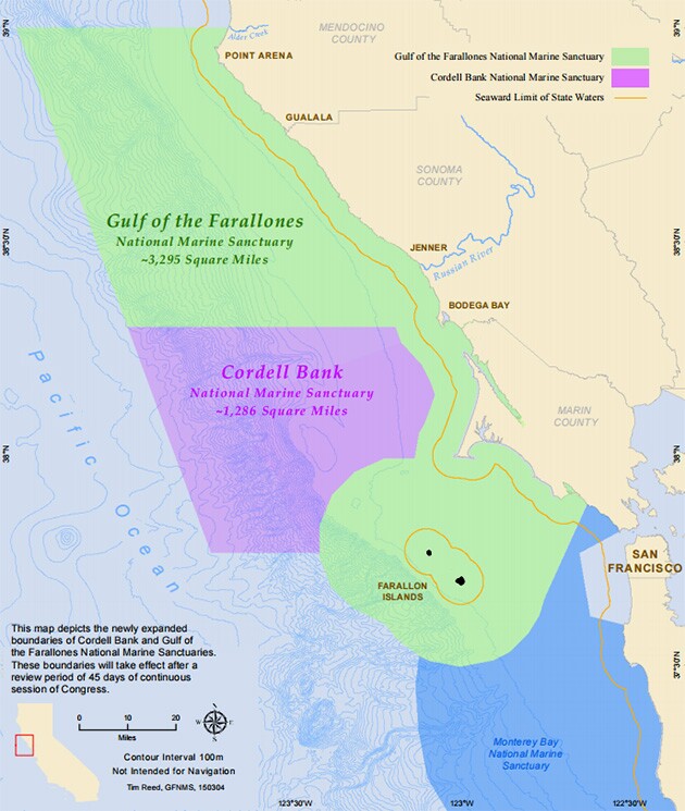 The expanded boundaries of the Gulf of the Farallones and Cordell Bank. | Map: Courtesy NOAA