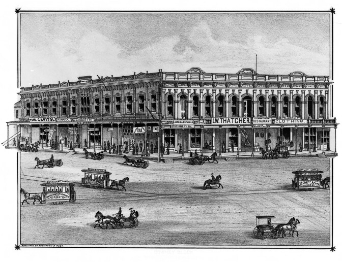 The Downey Block, the site of Los Angeles' Indian slave market in the 1850s. Lithograph from Thompson & West's 1880 "History of Los Angeles County."