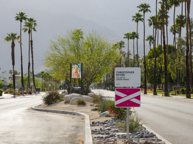 Christopher Myers' "The Art of Taming Horses" is installed at Tahquitz Canyon Way in Palm Springs for Desert X 2021.
