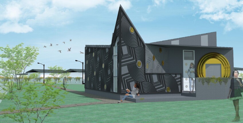 Rendering of House No.1, the R Cloud House with patterns and a crown-like motif