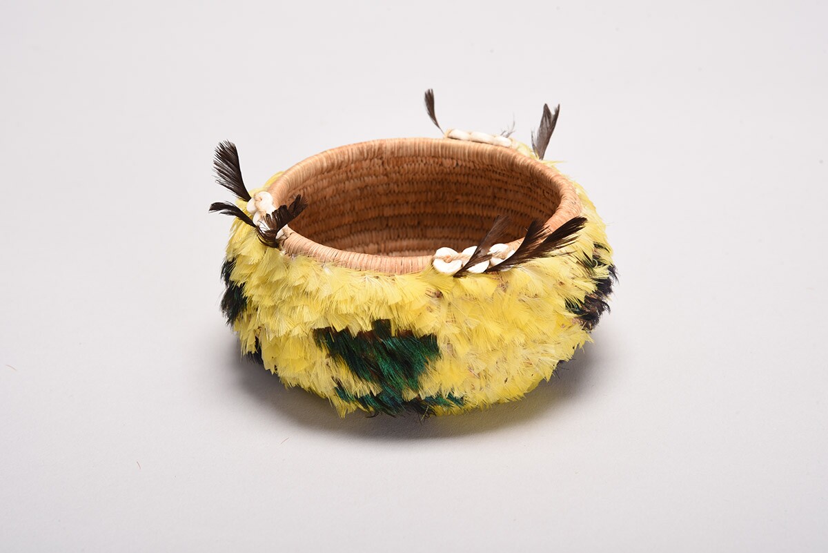 Feather basket by Mabel McKay (Cache Creek Pomo) | Collection of Marshall McKay and Sharon Rogers McKay