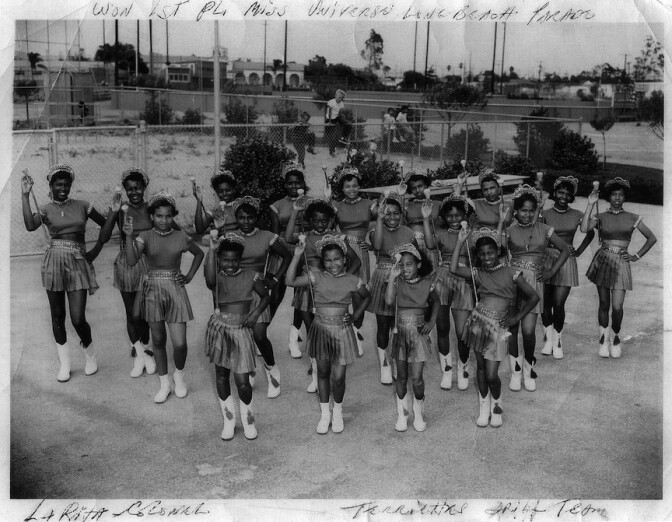 The drill team The Terryettes led by Mrs. Thelma Terry, an influential recreation leader and educator in the Pico Neighborhood of Santa Monica. Circa 1950s. Photographer: unknown. | Image courtesy of the Quinn Research Center