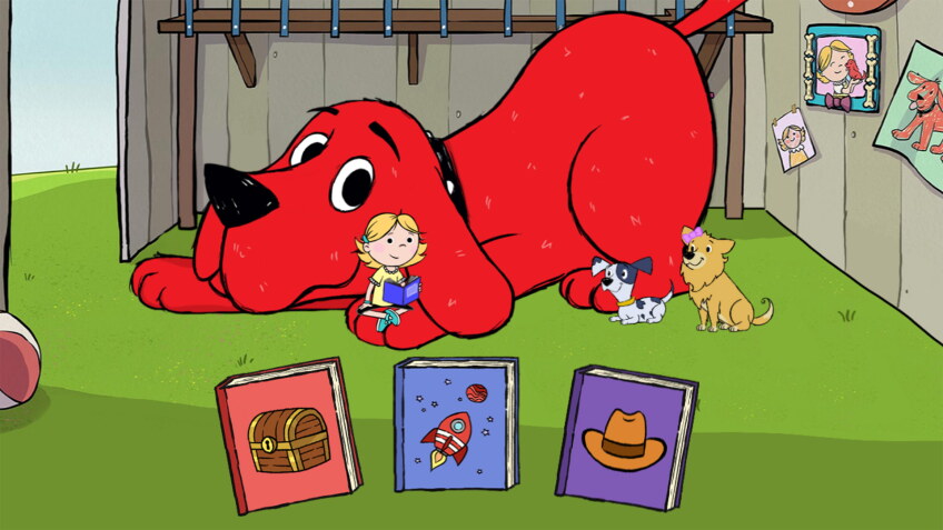 Cartoon of a large red dog with a girl holding a book sitting next to it.