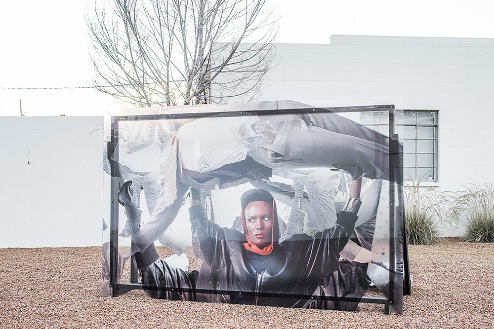 "Grace Jones Billboard" (2018) by Jibade-Khalil Huffman. Transparency on plexi with wood frame support. | Courtesy of the artist and Anat Ebgi
