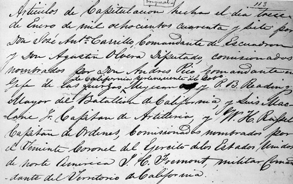 Beginning of the articles of capitulation signed by Frémont and Pico at Cahunega Pass on January 13, 1847. Courtesy of the Title Insurance and Trust / C.C. Pierce Photography Collection, USC Libraries.