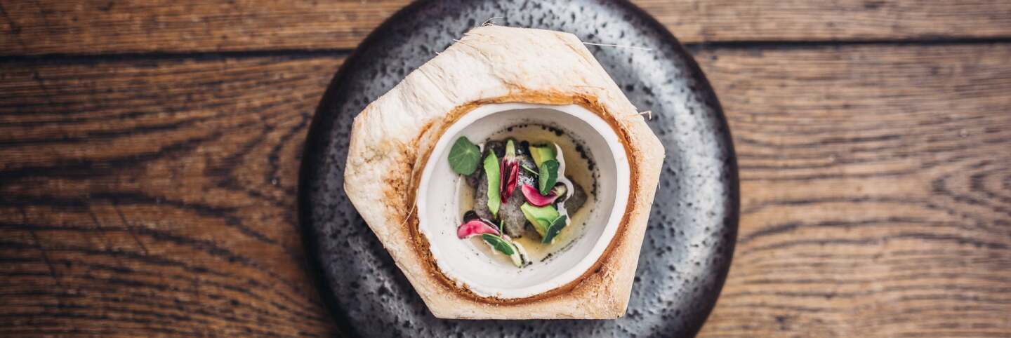 Migrant Kitchen Japanese episode. Chef Tetsu of Wolfgang Puck's crudo with the black cod | Courtesy of Life & Thyme