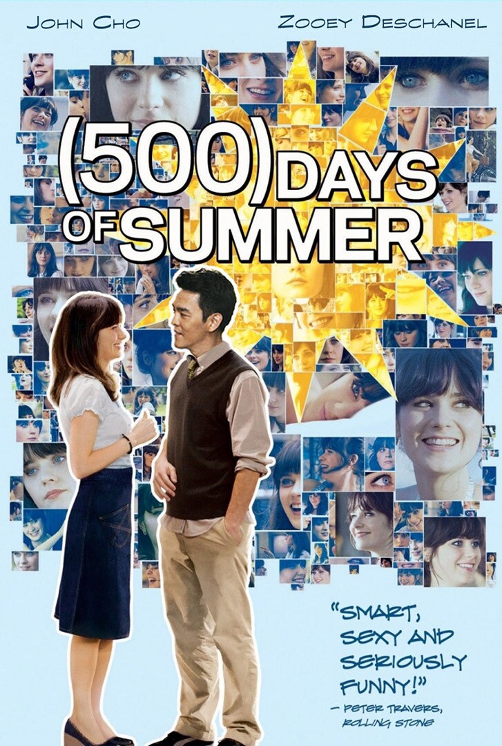 A man and a woman stand in front of a collage of the woman's face.