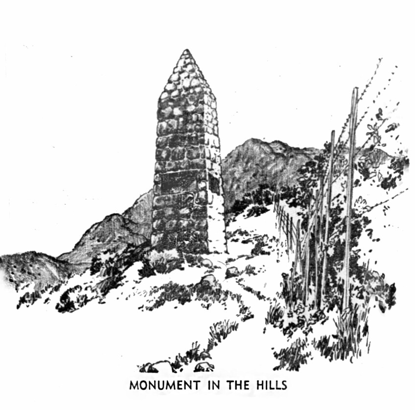 A black and white ink illustration of the Lankershim Monument, a short and wide cobble-stoned obelisk. The monument stands on the hill of a slope. A wire fence is seen to the right of the obelisk and a larger mountain can be seen off in the distance.