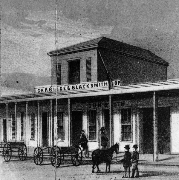 1857 lithographic drawing of John Goller's blacksmith shop, one of Los Angeles' first. Courtesy of the Photo Collection - Los Angeles Public Library.