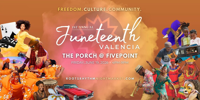 1st Annual Juneteenth Valencia, event flyer with photos of performers , games, face paint, food, music and more 