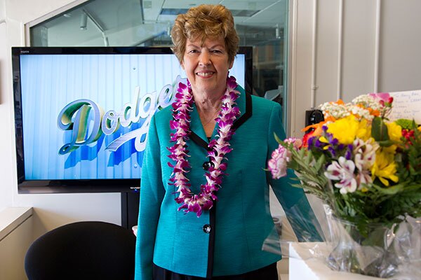 Organist Nancy Bea Hefleyposes for a photo prior to the Los Angeles Dodgers game. | Paul Spinelli/MLB Photos via Getty Images