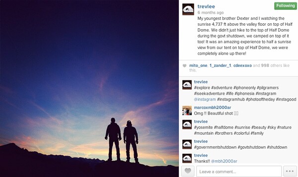 Trev Lee and his brother, Dexter, post for a photo atop Yosemite's Half Dome during the government shutdown.
