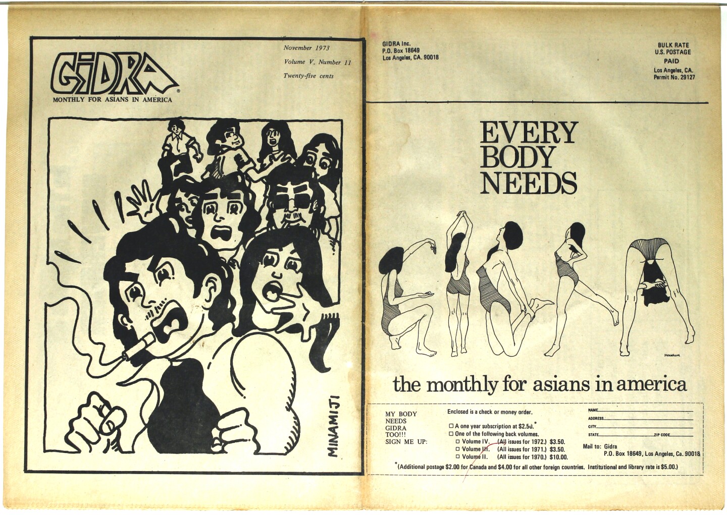 The November 1973 issue of Gidra with an illustration of a women doing stretches on the cover and a group of people looking shocked on a separate page.
