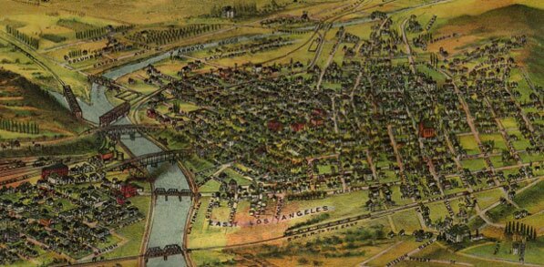 1894 map showing Lincoln Heights labeled as East Los Angeles. Map by L.A. Hotel and Travel Bureau. Courtesy of the Library of Congress and Big Map Blog.