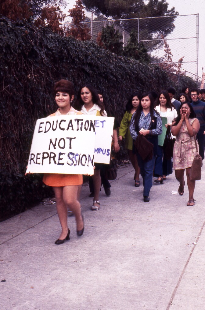 Oscar Castillo, "Education Not Repression (Roosevelt High School Walkouts)," 1970, black and white photograph. | Photo: Courtesy of the artist